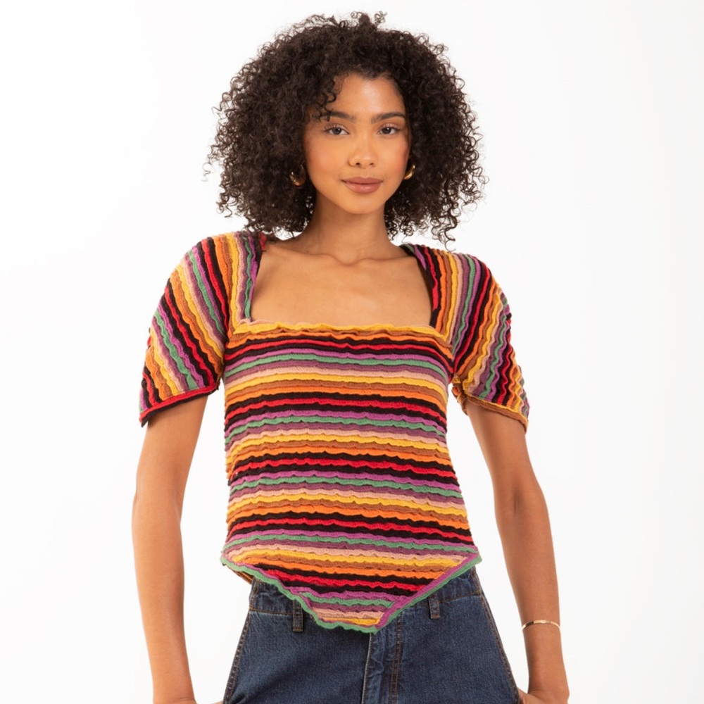 Tach Clothing knitted fabric multicolor feat box neck fluffy sleeve v shape hem
